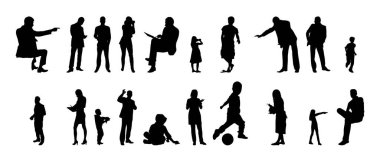 Vektör siluetleri, insanların ana hatları, Contour çizimleri, insanların siluetleri, ikon kümesi izole edilmiş, oturan insanların silueti, mimari set