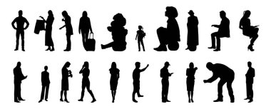 Vektör siluetleri, insanların ana hatları, Contour çizimleri, insanların siluetleri, ikon kümesi izole edilmiş, oturan insanların silueti, mimari set