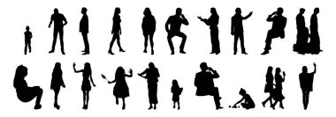 Vektör siluetleri, insanların ana hatları, Contour çizimleri, insanların siluetleri, ikon kümesi izole edilmiş, oturan insanların silueti, mimari set