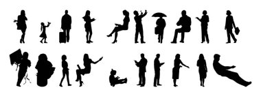 Vektör siluetleri, insanların ana hatları, Contour çizimleri, insanların siluetleri, ikon kümesi izole edilmiş, oturan insanların silueti, mimari set