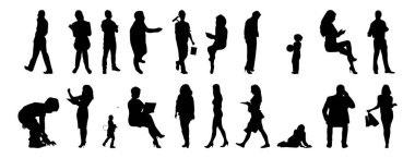 Vektör siluetleri, insanların ana hatları, Contour çizimleri, insanların siluetleri, ikon kümesi izole edilmiş, oturan insanların silueti, mimari set