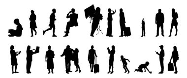 Vektör siluetleri, insanların ana hatları, Contour çizimleri, insanların siluetleri, ikon kümesi izole edilmiş, oturan insanların silueti, mimari set