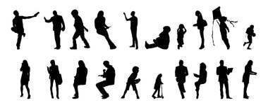 Vektör siluetleri, insanların ana hatları, Contour çizimleri, insanların siluetleri, ikon kümesi izole edilmiş, oturan insanların silueti, mimari set