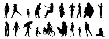 Vektör siluetleri, insanların ana hatları, Contour çizimleri, insanların siluetleri, ikon kümesi izole edilmiş, oturan insanların silueti, mimari set