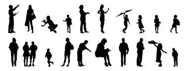 Vektör siluetleri, insanların ana hatları, Contour çizimleri, insanların siluetleri, ikon kümesi izole edilmiş, oturan insanların silueti, mimari set