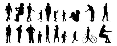 Vektör siluetleri, insanların ana hatları, Contour çizimleri, insanların siluetleri, ikon kümesi izole edilmiş, oturan insanların silueti, mimari set