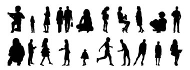 Vektör siluetleri, insanların ana hatları, Contour çizimleri, insanların siluetleri, ikon kümesi izole edilmiş, oturan insanların silueti, mimari set