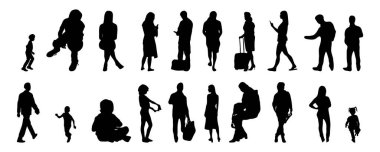 Vektör siluetleri, insanların ana hatları, Contour çizimleri, insanların siluetleri, ikon kümesi izole edilmiş, oturan insanların silueti, mimari set