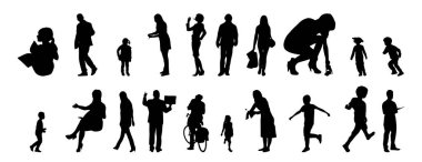 Vektör siluetleri, insanların ana hatları, Contour çizimleri, insanların siluetleri, ikon kümesi izole edilmiş, oturan insanların silueti, mimari set
