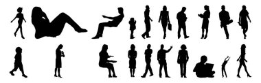 Vektör siluetleri, insanların ana hatları, Contour çizimleri, insanların siluetleri, ikon kümesi izole edilmiş, oturan insanların silueti, mimari set