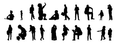 Vektör siluetleri, insanların ana hatları, Contour çizimleri, insanların siluetleri, ikon kümesi izole edilmiş, oturan insanların silueti, mimari set