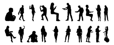 Vektör siluetleri, insanların ana hatları, Contour çizimleri, insanların siluetleri, ikon kümesi izole edilmiş, oturan insanların silueti, mimari set