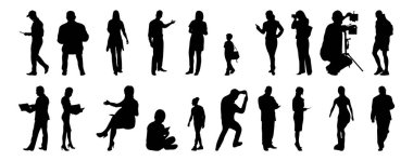 Vektör siluetleri, insanların ana hatları, Contour çizimleri, insanların siluetleri, ikon kümesi izole edilmiş, oturan insanların silueti, mimari set