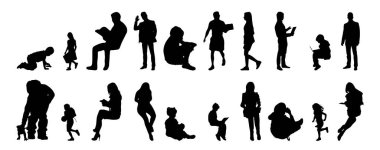 Vektör siluetleri, insanların ana hatları, Contour çizimleri, insanların siluetleri, ikon kümesi izole edilmiş, oturan insanların silueti, mimari set