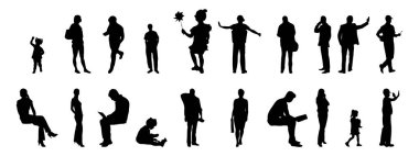 Vektör siluetleri, insanların ana hatları, Contour çizimleri, insanların siluetleri, ikon kümesi izole edilmiş, oturan insanların silueti, mimari set