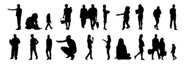 Vektör siluetleri, insanların ana hatları, Contour çizimleri, insanların siluetleri, ikon kümesi izole edilmiş, oturan insanların silueti, mimari set