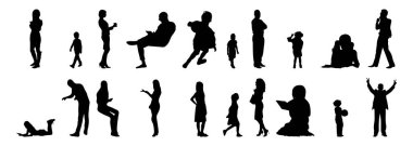 Vektör siluetleri, insanların ana hatları, Contour çizimleri, insanların siluetleri, ikon kümesi izole edilmiş, oturan insanların silueti, mimari set
