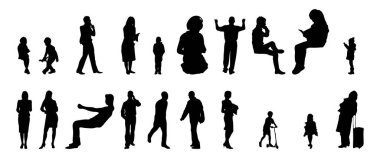 Vektör siluetleri, insanların ana hatları, Contour çizimleri, insanların siluetleri, ikon kümesi izole edilmiş, oturan insanların silueti, mimari set