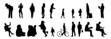 Vektör siluetleri, insanların ana hatları, Contour çizimleri, insanların siluetleri, ikon kümesi izole edilmiş, oturan insanların silueti, mimari set