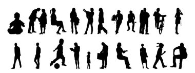 Vektör siluetleri, insanların ana hatları, Contour çizimleri, insanların siluetleri, ikon kümesi izole edilmiş, oturan insanların silueti, mimari set