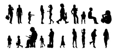 Vektör siluetleri, insanların ana hatları, Contour çizimleri, insanların siluetleri, ikon kümesi izole edilmiş, oturan insanların silueti, mimari set