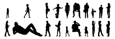 Vektör siluetleri, insanların ana hatları, Contour çizimleri, insanların siluetleri, ikon kümesi izole edilmiş, oturan insanların silueti, mimari set