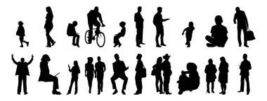 Vektör siluetleri, insanların ana hatları, Contour çizimleri, insanların siluetleri, ikon kümesi izole edilmiş, oturan insanların silueti, mimari set