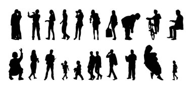 Vektör siluetleri, insanların ana hatları, Contour çizimleri, insanların siluetleri, ikon kümesi izole edilmiş, oturan insanların silueti, mimari set