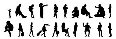 Vektör siluetleri, insanların ana hatları, Contour çizimleri, insanların siluetleri, ikon kümesi izole edilmiş, oturan insanların silueti, mimari set