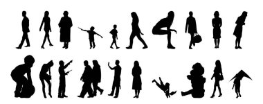 Vektör siluetleri, insanların ana hatları, Contour çizimleri, insanların siluetleri, ikon kümesi izole edilmiş, oturan insanların silueti, mimari set
