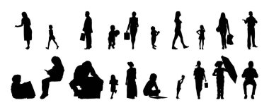 Vektör siluetleri, insanların ana hatları, Contour çizimleri, insanların siluetleri, ikon kümesi izole edilmiş, oturan insanların silueti, mimari set