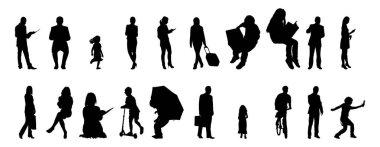 Vektör siluetleri, insanların ana hatları, Contour çizimleri, insanların siluetleri, ikon kümesi izole edilmiş, oturan insanların silueti, mimari set