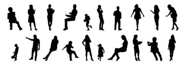 Vektör siluetleri, insanların ana hatları, Contour çizimleri, insanların siluetleri, ikon kümesi izole edilmiş, oturan insanların silueti, mimari set