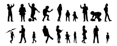 Vektör siluetleri, insanların ana hatları, Contour çizimleri, insanların siluetleri, ikon kümesi izole edilmiş, oturan insanların silueti, mimari set