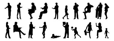 Vektör siluetleri, insanların ana hatları, Contour çizimleri, insanların siluetleri, ikon kümesi izole edilmiş, oturan insanların silueti, mimari set