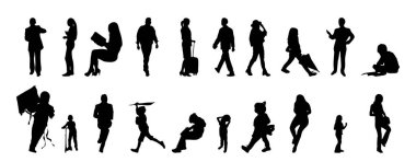 Vektör siluetleri, insanların ana hatları, Contour çizimleri, insanların siluetleri, ikon kümesi izole edilmiş, oturan insanların silueti, mimari set