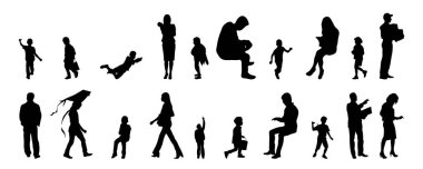 Vektör siluetleri, insanların ana hatları, Contour çizimleri, insanların siluetleri, ikon kümesi izole edilmiş, oturan insanların silueti, mimari set