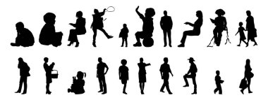 Vektör siluetleri, insanların ana hatları, Contour çizimleri, insanların siluetleri, ikon kümesi izole edilmiş, oturan insanların silueti, mimari set