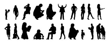 Vektör siluetleri, insanların ana hatları, Contour çizimleri, insanların siluetleri, ikon kümesi izole edilmiş, oturan insanların silueti, mimari set