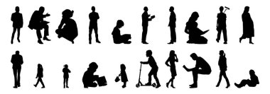 Vektör siluetleri, insanların ana hatları, Contour çizimleri, insanların siluetleri, ikon kümesi izole edilmiş, oturan insanların silueti, mimari set