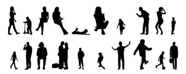 Vektör siluetleri, insanların ana hatları, Contour çizimleri, insanların siluetleri, ikon kümesi izole edilmiş, oturan insanların silueti, mimari set
