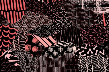 Soyut siyah darbeler, El, Vektör Deseni 'ni çizdi. Geometrik tarzda soyut arkaplan. Soyut çok renkli geometrik desen