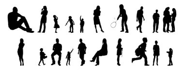 Vektör siluetleri, insanların ana hatları, Contour çizimleri, insanların siluetleri, ikon kümesi izole edilmiş, oturan insanların silueti, mimari set