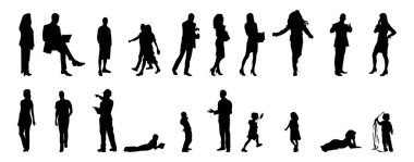Vektör siluetleri, insanların ana hatları, Contour çizimleri, insanların siluetleri, ikon kümesi izole edilmiş, oturan insanların silueti, mimari set