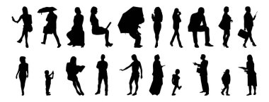 Vektör siluetleri, insanların ana hatları, Contour çizimleri, insanların siluetleri, ikon kümesi izole edilmiş, oturan insanların silueti, mimari set