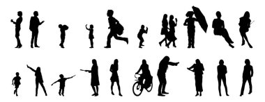 Vektör siluetleri, insanların ana hatları, Contour çizimleri, insanların siluetleri, ikon kümesi izole edilmiş, oturan insanların silueti, mimari set