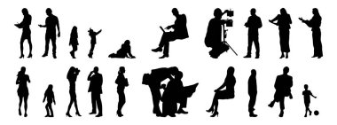 Vektör siluetleri, insanların ana hatları, Contour çizimleri, insanların siluetleri, ikon kümesi izole edilmiş, oturan insanların silueti, mimari set