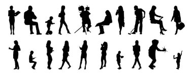 Vektör siluetleri, insanların ana hatları, Contour çizimleri, insanların siluetleri, ikon kümesi izole edilmiş, oturan insanların silueti, mimari set