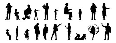 Vektör siluetleri, insanların ana hatları, Contour çizimleri, insanların siluetleri, ikon kümesi izole edilmiş, oturan insanların silueti, mimari set