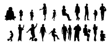Vektör siluetleri, insanların ana hatları, Contour çizimleri, insanların siluetleri, ikon kümesi izole edilmiş, oturan insanların silueti, mimari set